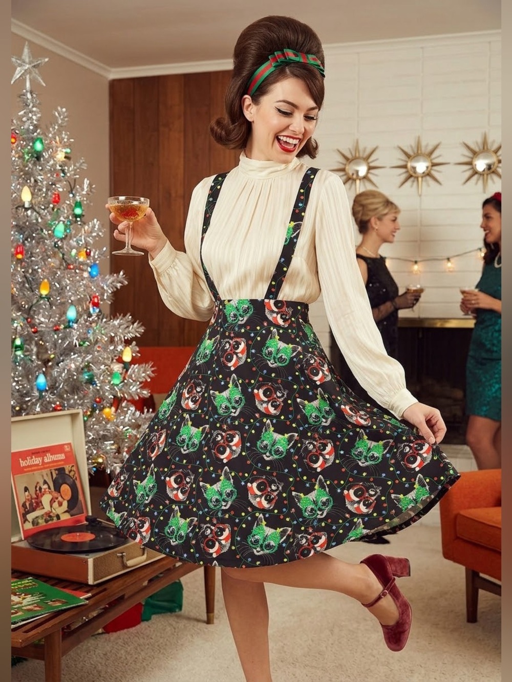 NWT ModCloth “Holiday Fur Friends Overall Winner Jumper” Suspender Skirt